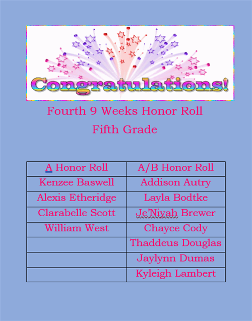 4th 9wks 5th grade Honor Roll